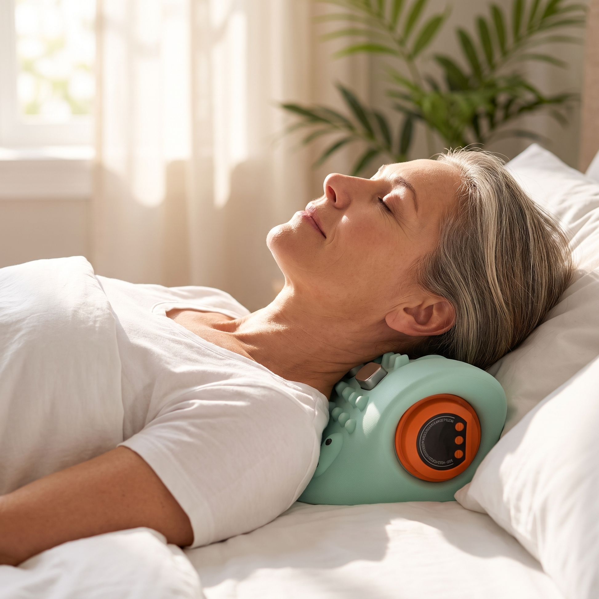Femme allongee, la nuque posee sur le masseur cervical
