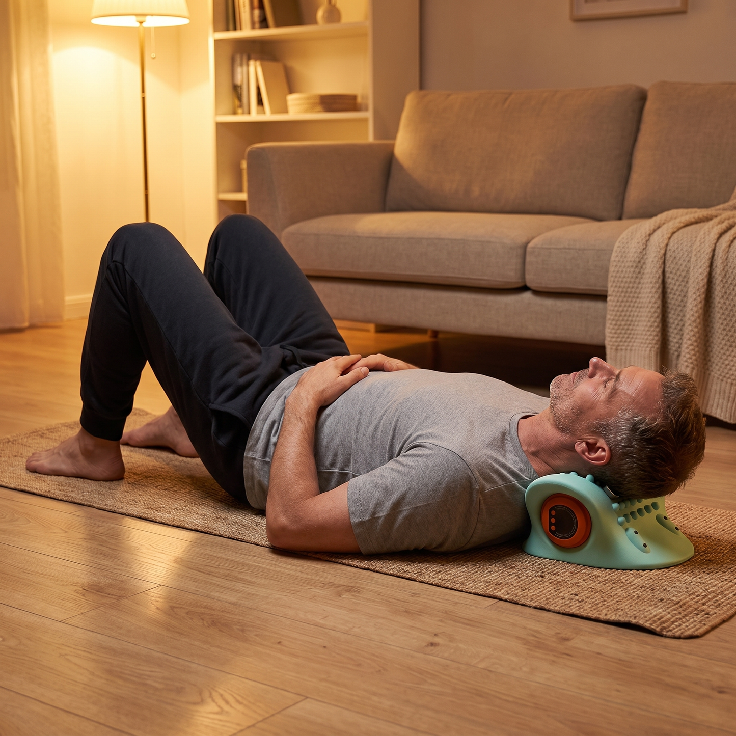 Seance de quinze minutes allonge sur un tapis, nuque sur le masseur