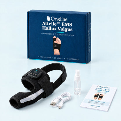 Contenu du colis Orveline : attelle EMS, vaporisateur, câble USB et notice, dans la boîte Orveline