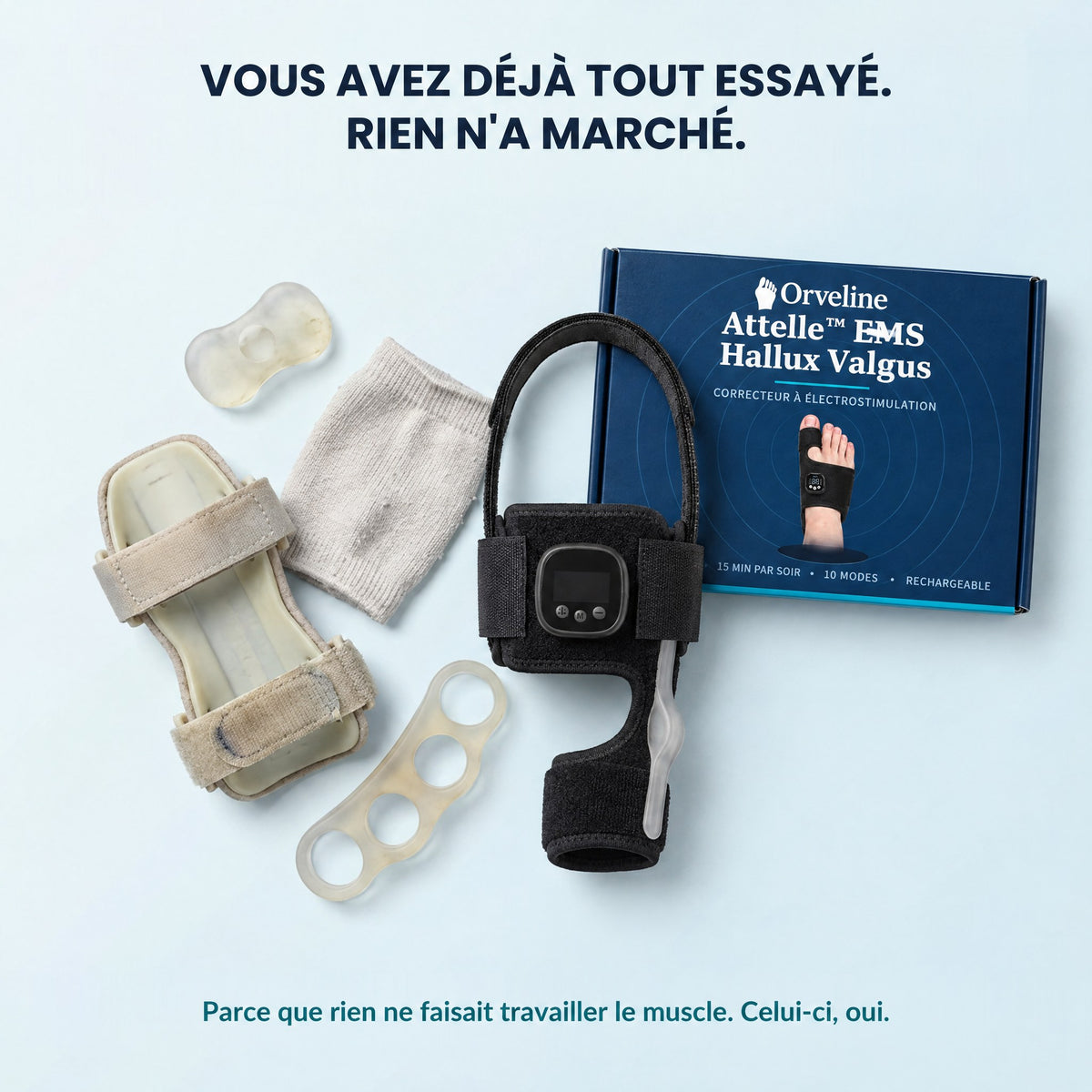 Boîte Orveline et attelle EMS à côté des écarteurs et attelles déjà essayés