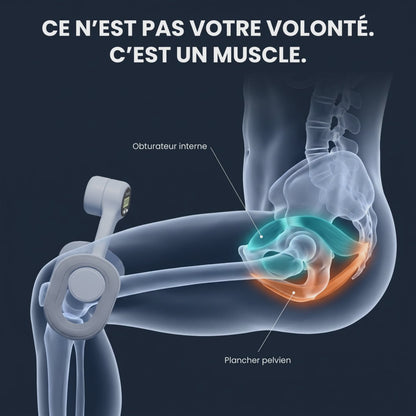 Animation : les genoux serrent, l'obturateur interne tend le plancher pelvien